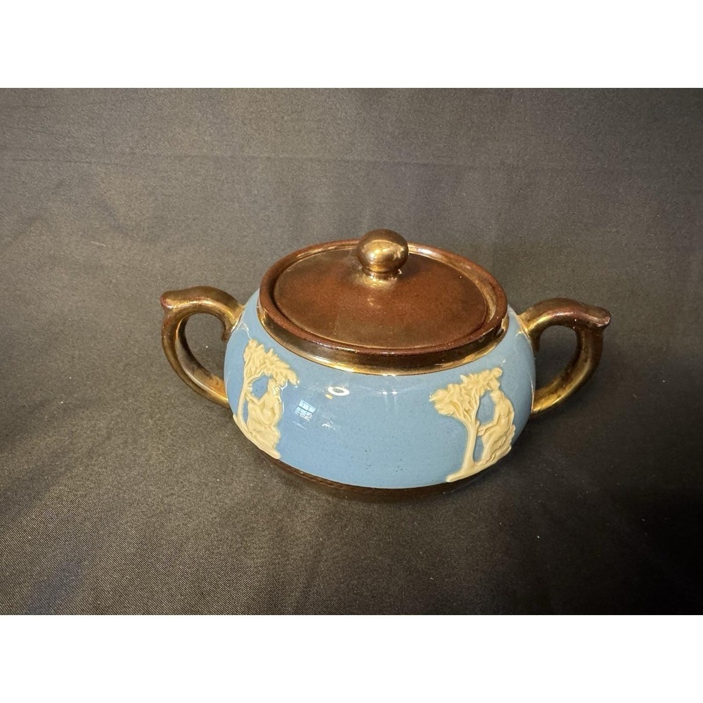 Vintage Gibson Staffordshire England Sugar Bowl Blue And Gold
